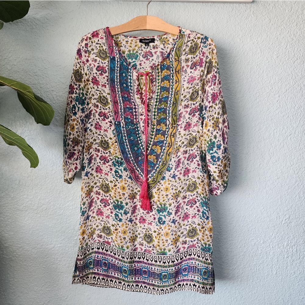 Anthropologie Tolani 100% silk made in India floral boho tunic dress
